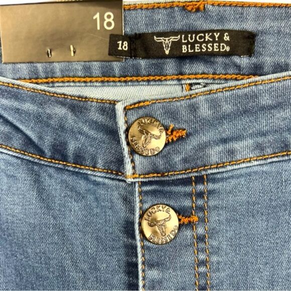 Lucky & Blessed Distressed Button Fly High Waist Mid Wash Flare Jeans NWT - Picture 11 of 15